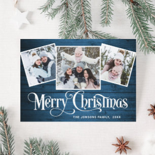 Cartes Pour Fêtes Annuelles 3 PHOTO Noël Rustique Bleu Bois Salutation