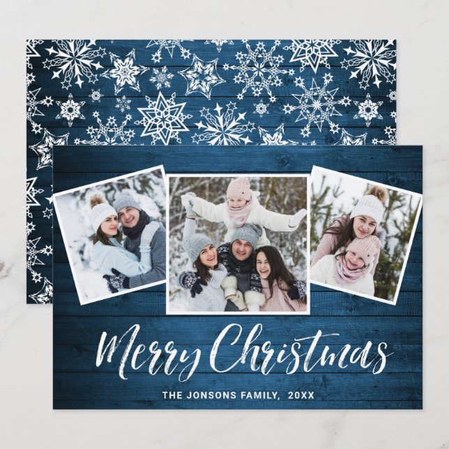 Cartes Pour Fêtes Annuelles 3 PHOTO Noël Rustique Bleu Bois Salutation (Devant / Derrière)