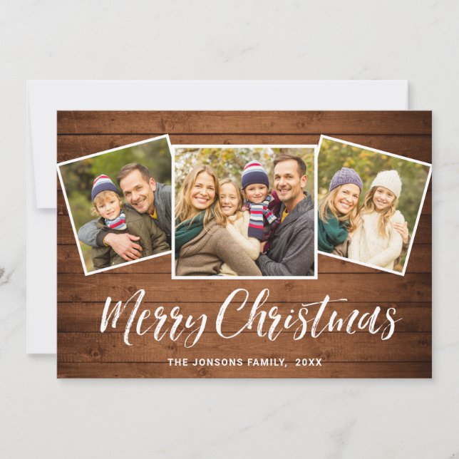 Cartes Pour Fêtes Annuelles 3 PHOTO Noël Rustique Brown Boho Wood Salutation (Devant)