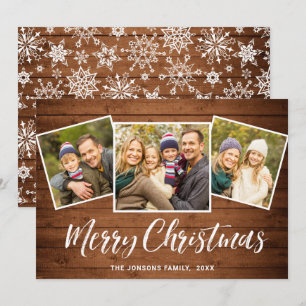 Cartes Pour Fêtes Annuelles 3 PHOTO Noël Rustique Brown Boho Wood Salutation
