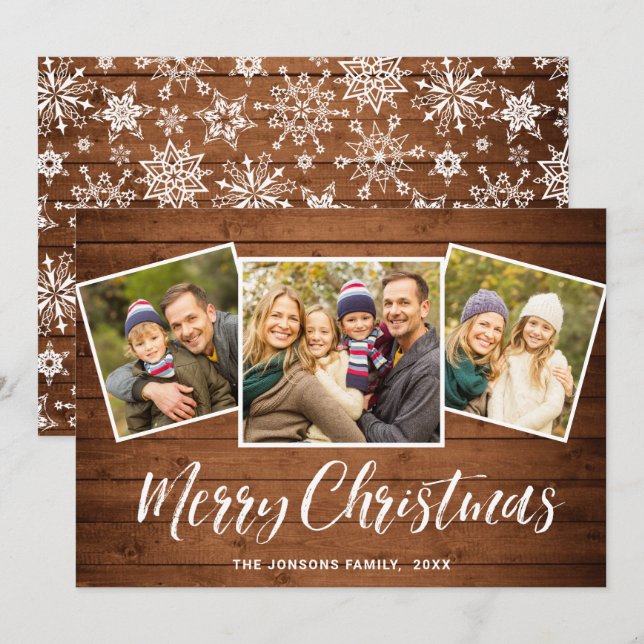 Cartes Pour Fêtes Annuelles 3 PHOTO Noël Rustique Brown Boho Wood Salutation (Devant / Derrière)