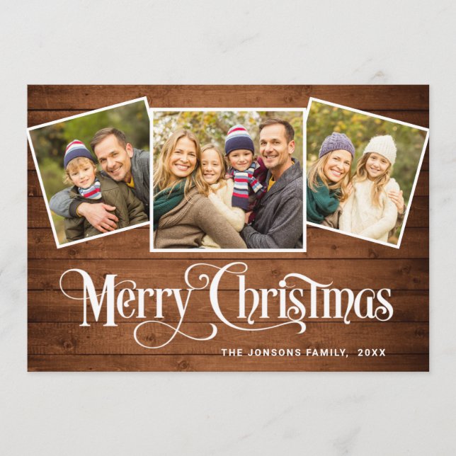 Cartes Pour Fêtes Annuelles 3 PHOTO Noël Rustique Brown Bois Salutation (Devant)