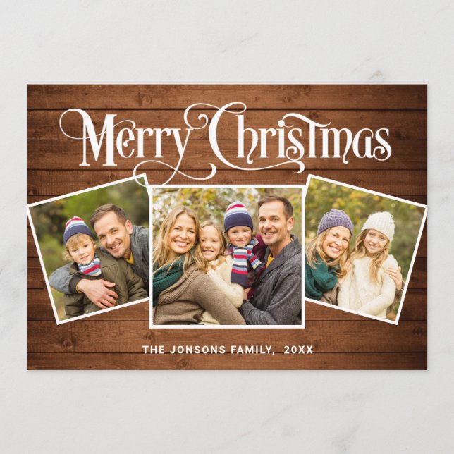 Cartes Pour Fêtes Annuelles 3 PHOTO Noël Rustique Brown Bois Salutation (Devant)