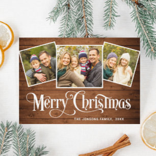 Cartes Pour Fêtes Annuelles 3 PHOTO Noël Rustique Brown Bois Salutation