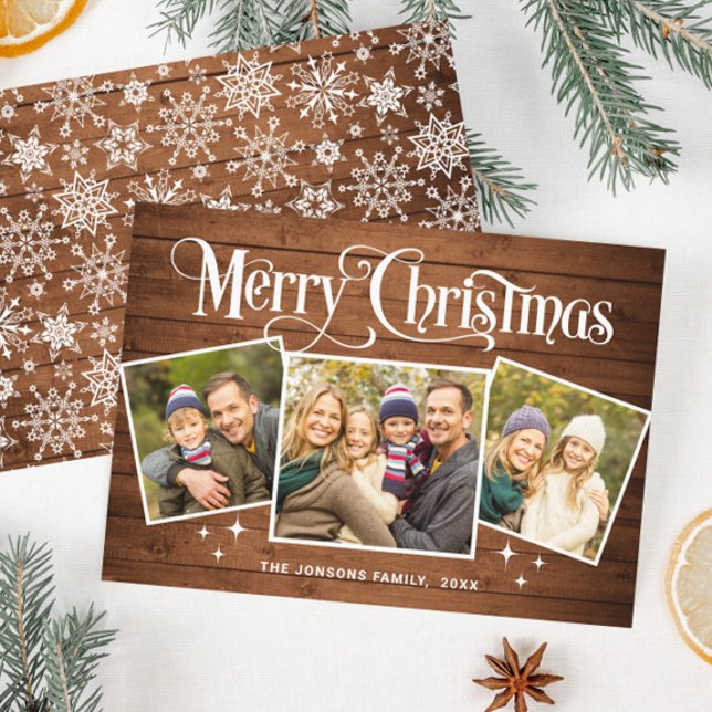 Cartes Pour Fêtes Annuelles 3 PHOTO Noël Rustique Brown Bois Salutation Boho (Créateur téléchargé)