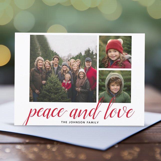 Cartes Pour Fêtes Annuelles 3 Photo Noël Script Red Damask Peace Love (3 Photo Online Christmas Card - Modern, Simple Design)