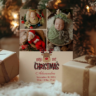 Cartes Pour Fêtes Annuelles 3 Photo Plaid Reindeer Baby First Christmas