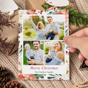Cartes Pour Fêtes Annuelles 3 Photos Collage Joyeux Noël Poinsettia Floral