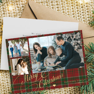 Cartes Pour Fêtes Annuelles 3 photos Joyeux Noël élégant script rouge plaid