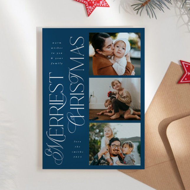 Cartes Pour Fêtes Annuelles 3 Photos Merriest Christmas Blue Holiday Card (Créateur téléchargé)
