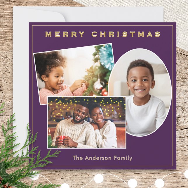 Cartes Pour Fêtes Annuelles 3 Photos Purple & Faux Gold Nom personnalisé Noël (A purple Christmas card to personalize with 3 photos and a name)