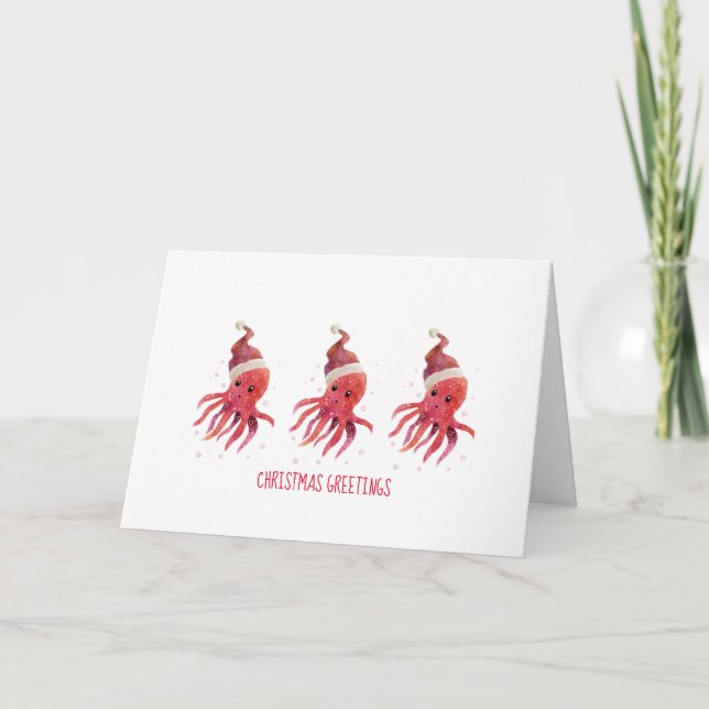 Cartes Pour Fêtes Annuelles 3 Pieuvres Mignonnes Mers et Salutations Chapeau d (Devant)