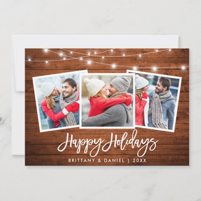 Cartes Pour Fêtes Annuelles 3 Pinceau photo Script Lumières Rustique en bois (Devant)