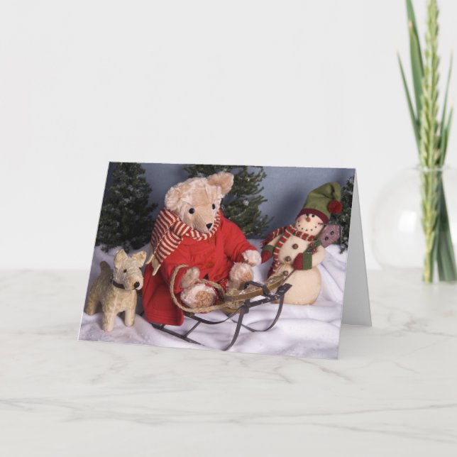 Cartes Pour Fêtes Annuelles 4019 Sledding Teddy Ours & Amis Noël (Devant)