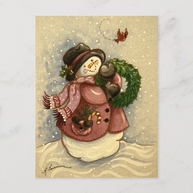 Cartes Pour Fêtes Annuelles 4886 Snowman Wreath Cardinal Christmas (Devant)
