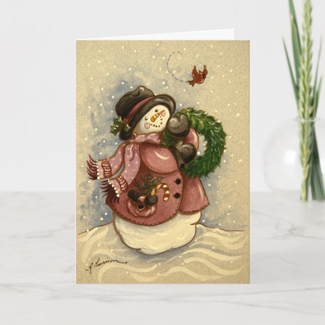 Cartes Pour Fêtes Annuelles 4886 Snowman Wreath Cardinal Christmas (Devant)