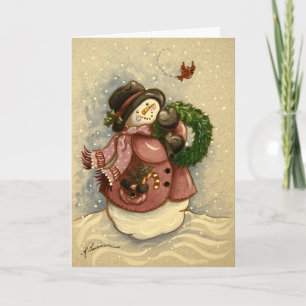 Cartes Pour Fêtes Annuelles 4886 Snowman Wreath Cardinal Christmas