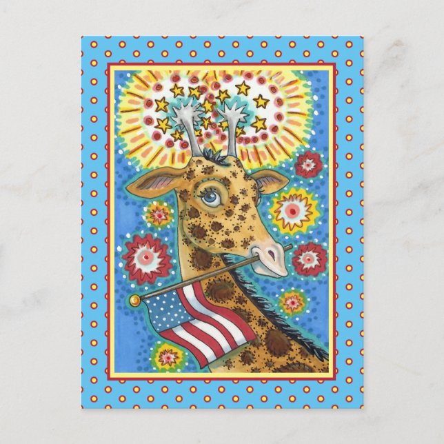 Cartes Pour Fêtes Annuelles 4 juillet GIRAFFE PATRIOTIQUE & FEU D'ENTRÉE MÊME  (Devant)