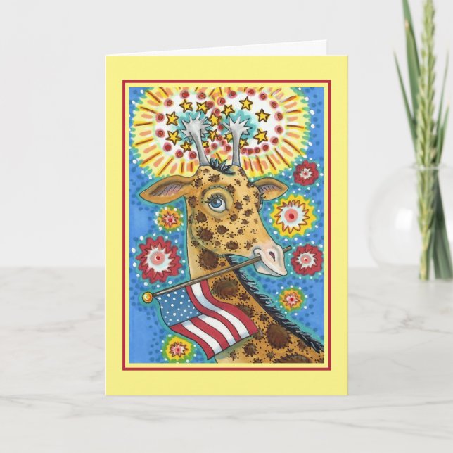 Cartes Pour Fêtes Annuelles 4 juillet GIRAFFE PATRIOTIQUE & FEU D'ENTRÉE MÊME  (Devant)