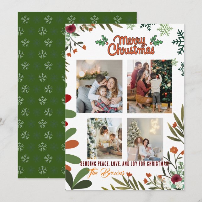 Cartes Pour Fêtes Annuelles 4 Photo Collage Green Holiday Card Joyeux Noël (Devant / Derrière)