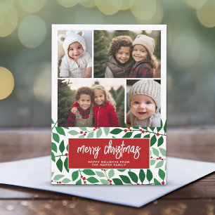 Cartes Pour Fêtes Annuelles 4 Photo Collage - Joyeux Noël Botanique Rouge