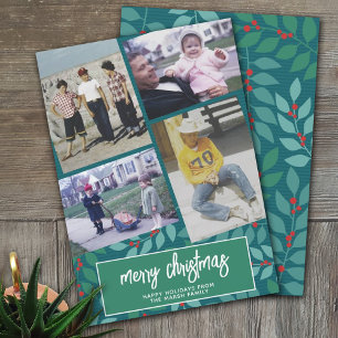Cartes Pour Fêtes Annuelles 4 Photo Collage - Joyeux Noël Botanique Vert