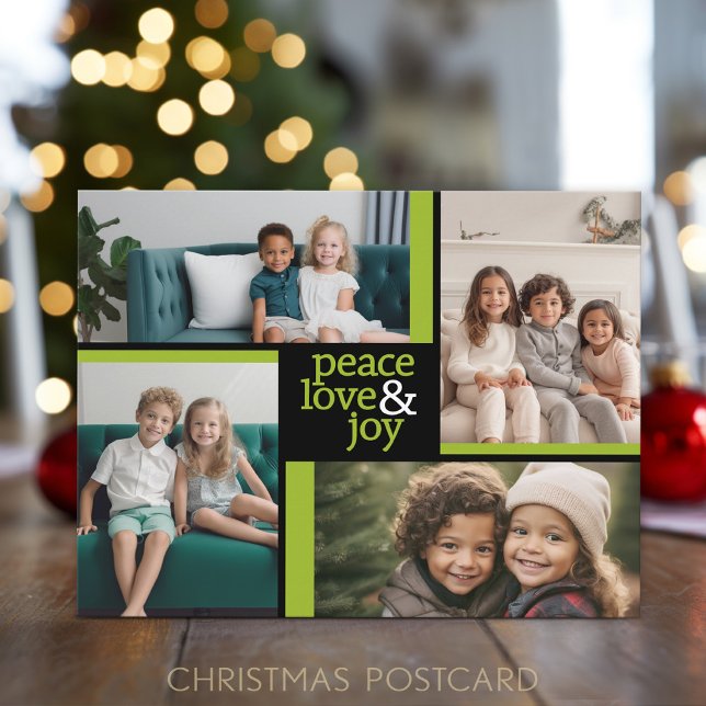 Cartes Pour Fêtes Annuelles 4 Photo collage vert noir Peace Love Joy (Add 4 Photos to this Holiday Postcard)