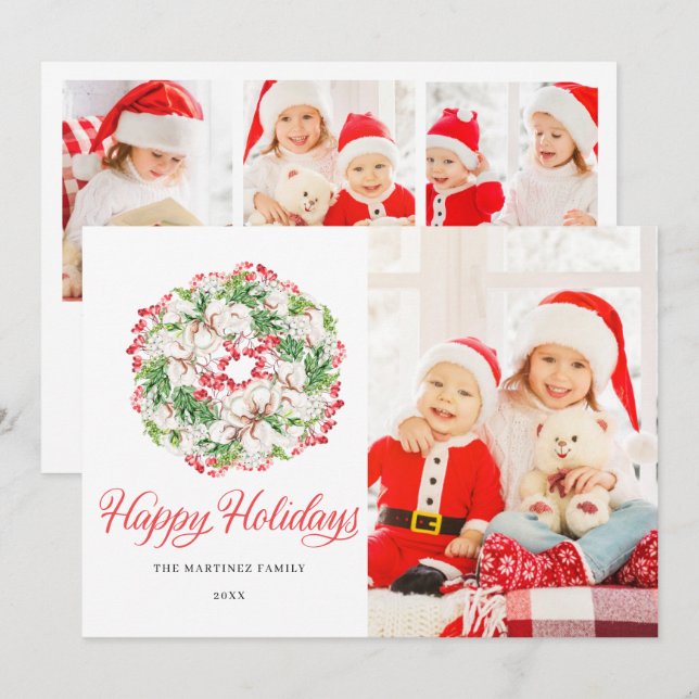 Cartes Pour Fêtes Annuelles 4 PHOTO Élégante couronne de Noël plat (Devant / Derrière)