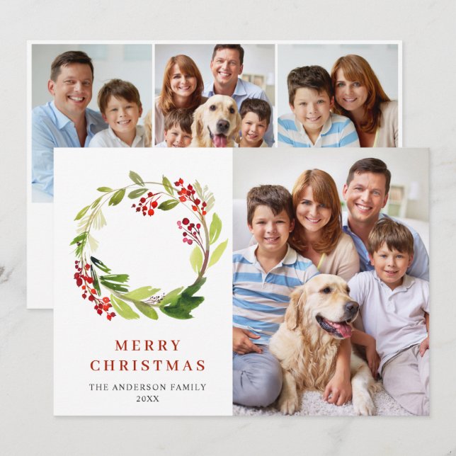 Cartes Pour Fêtes Annuelles 4 PHOTO Holly Berry Wreath voeux de Noël (Devant / Derrière)