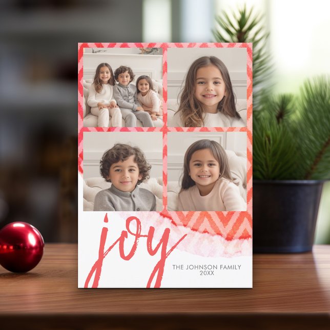 Cartes Pour Fêtes Annuelles 4 Photo Joy Joyeux Noël Aquarelle rouge (Modern Christmas Card with Photos)