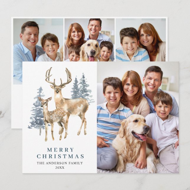 Cartes Pour Fêtes Annuelles 4 PHOTO Noël Elégant cerf sapin (Devant / Derrière)