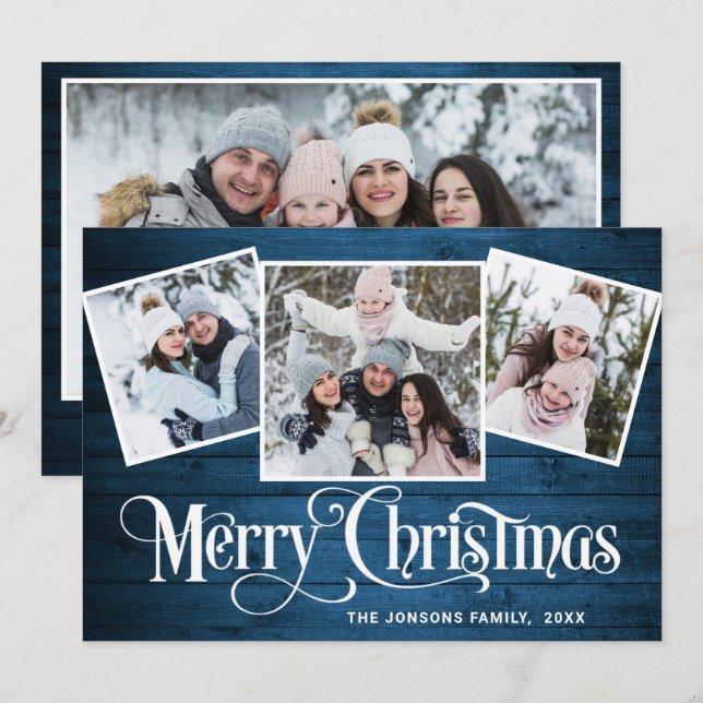 Cartes Pour Fêtes Annuelles 4 PHOTO Noël Rustique Bleu Bois Salutation (Devant / Derrière)