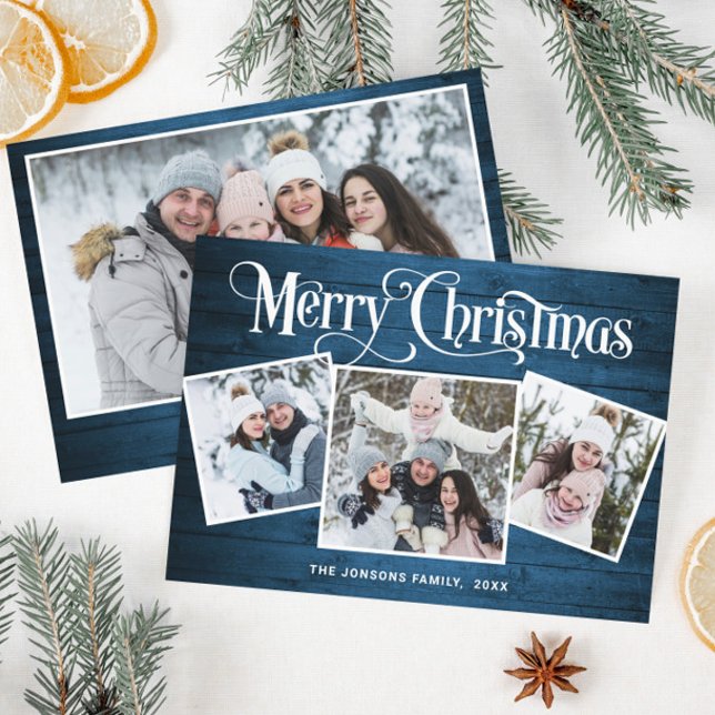 Cartes Pour Fêtes Annuelles 4 PHOTO Noël Rustique Bleu Bois Salutation (Créateur téléchargé)