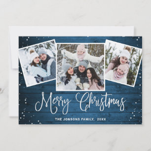 Cartes Pour Fêtes Annuelles 4 PHOTO Noël Rustique Bleu Bois Salutation