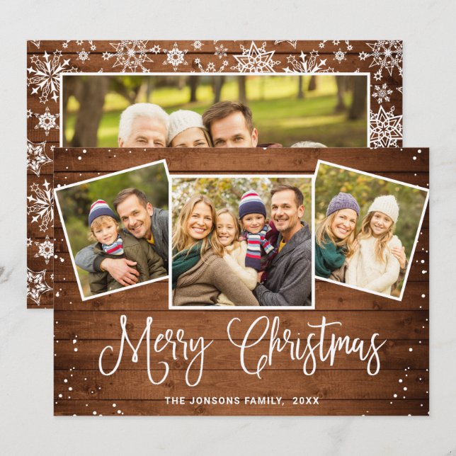 Cartes Pour Fêtes Annuelles 4 PHOTO Noël Rustique Brown Bois Salutation (Devant / Derrière)
