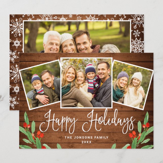 Cartes Pour Fêtes Annuelles 4 PHOTO Noël Rustique Brown Bois Salutation (Devant / Derrière)