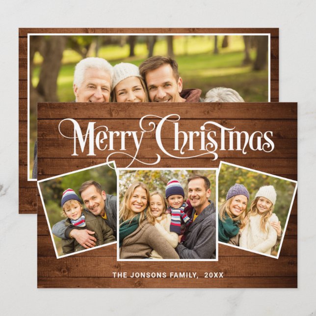Cartes Pour Fêtes Annuelles 4 PHOTO Noël Rustique Brown Bois Salutation (Devant / Derrière)