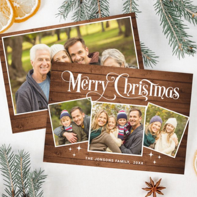 Cartes Pour Fêtes Annuelles 4 PHOTO Noël Rustique Brown Bois Salutation Boho (Créateur téléchargé)