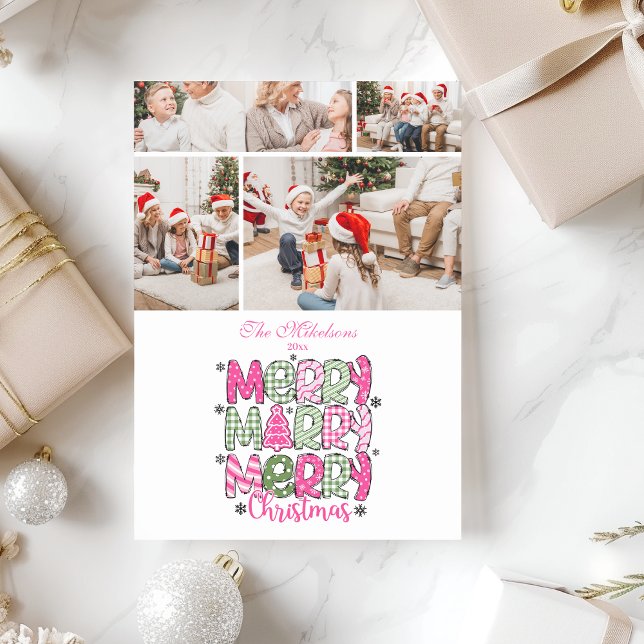 Cartes Pour Fêtes Annuelles 4 Photo Pink Green Merry Christmas Holiday (Créateur téléchargé)