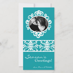 Cartes Pour Fêtes Annuelles 4x8 Turquoise cadre blanc Damas photo de Noël