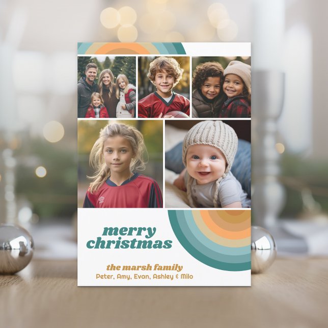 Cartes Pour Fêtes Annuelles 5 Frontière photo - Joyeux Noël Retro Line Art (Retro Stripe Christmas Photo card with 5 Photos)