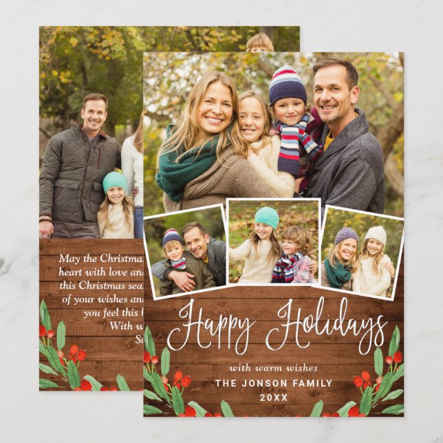 Cartes Pour Fêtes Annuelles 5 PHOTO Christmas Rustic Brown Wood Greeting (Devant / Derrière)
