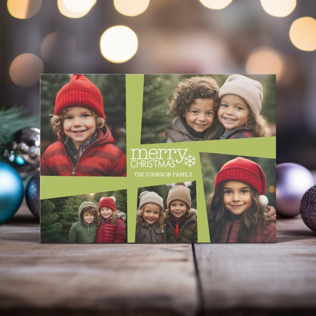 Cartes Pour Fêtes Annuelles 5 Photo Collage Rétro Joie et Paix Vert (Modern Christmas Card with 5 Photos and a funky retro design)