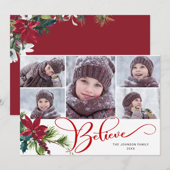 Cartes Pour Fêtes Annuelles 5 Photo Elegant Poinsettia Noël CROIRE (Devant / Derrière)