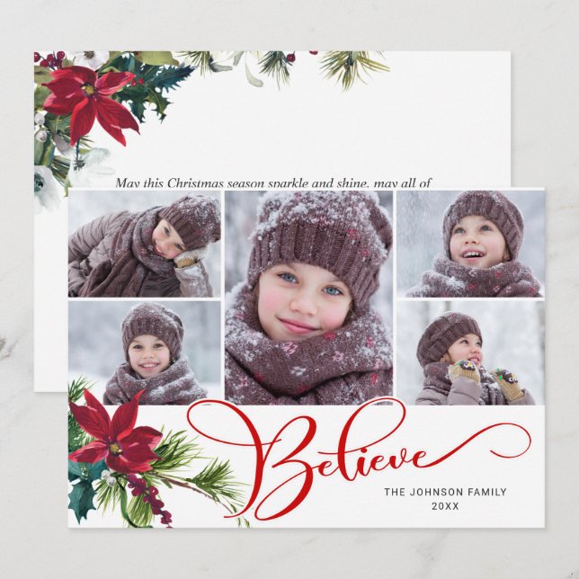 Cartes Pour Fêtes Annuelles 5 Photo Elegant Poinsettia Noël CROIRE (Devant / Derrière)