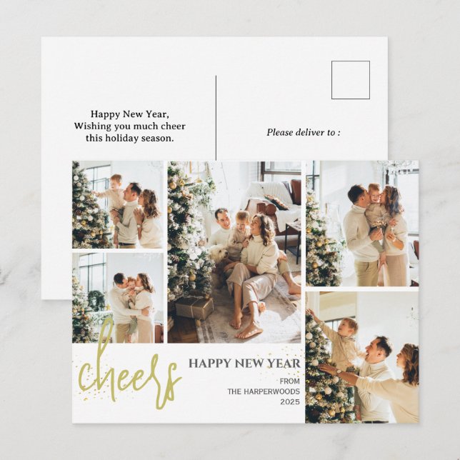 Cartes Pour Fêtes Annuelles 5 Photo Élégant Script Moderne Bonne année (Devant / Derrière)