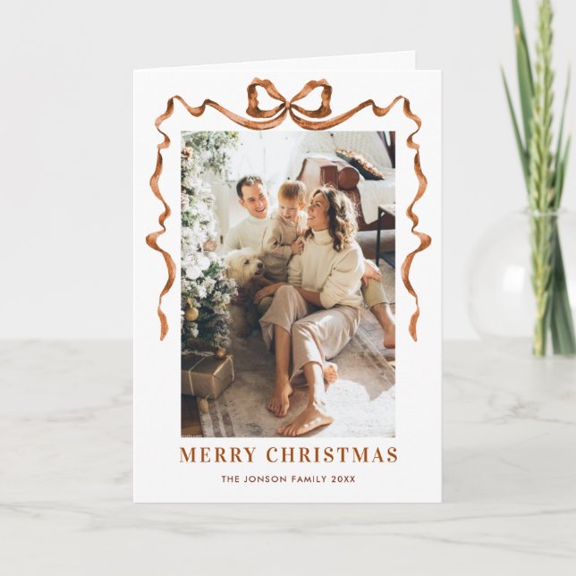 Cartes Pour Fêtes Annuelles 5 Photo Festif Boho Beige Christmas Bow Ribbon (Devant)