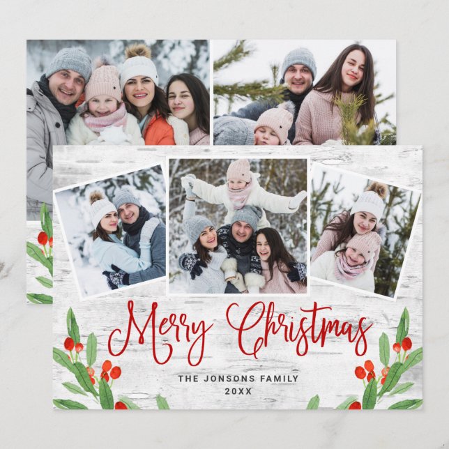 Cartes Pour Fêtes Annuelles 5 PHOTO Noël Rustic Birk Bark Salutation (Devant / Derrière)