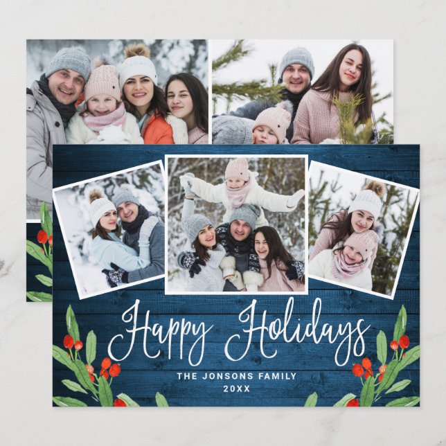 Cartes Pour Fêtes Annuelles 5 PHOTO Noël Rustique Bleu Bois Salutation (Devant / Derrière)