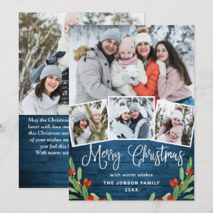 Cartes Pour Fêtes Annuelles 5 PHOTO Noël Rustique Bleu Bois Salutation